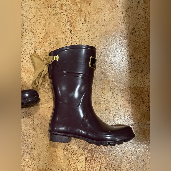Joules Evedon Womens Short Rain Boots Gloss Burgundy  w/ Yellow Ribbon 7 US - Picture 10 of 16